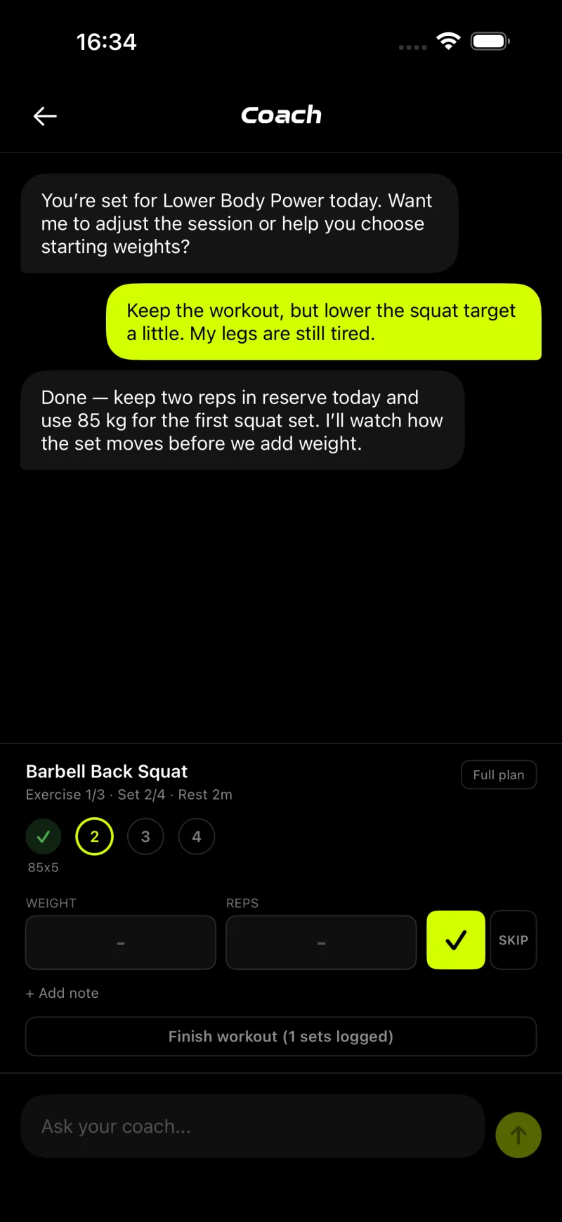 Gymscore AI coach adapting a lower-body workout in the iOS app