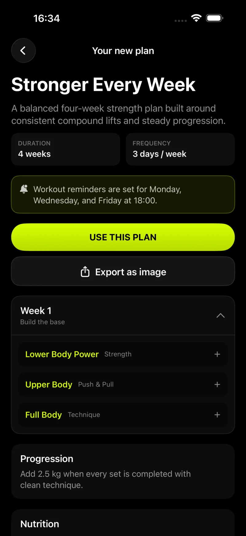 A custom four-week strength plan generated in the Gymscore iOS app