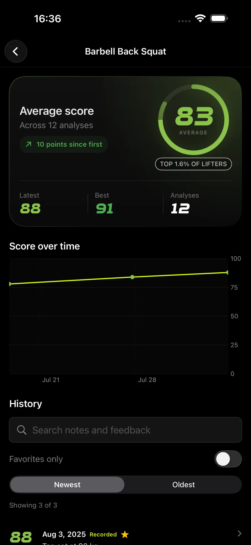 Barbell back squat score progress and workout history in the Gymscore iOS app