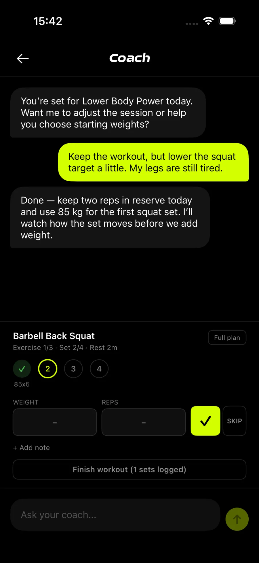 Gymscore V2 AI fitness coach adjusting a workout based on fatigue and training history on iPhone