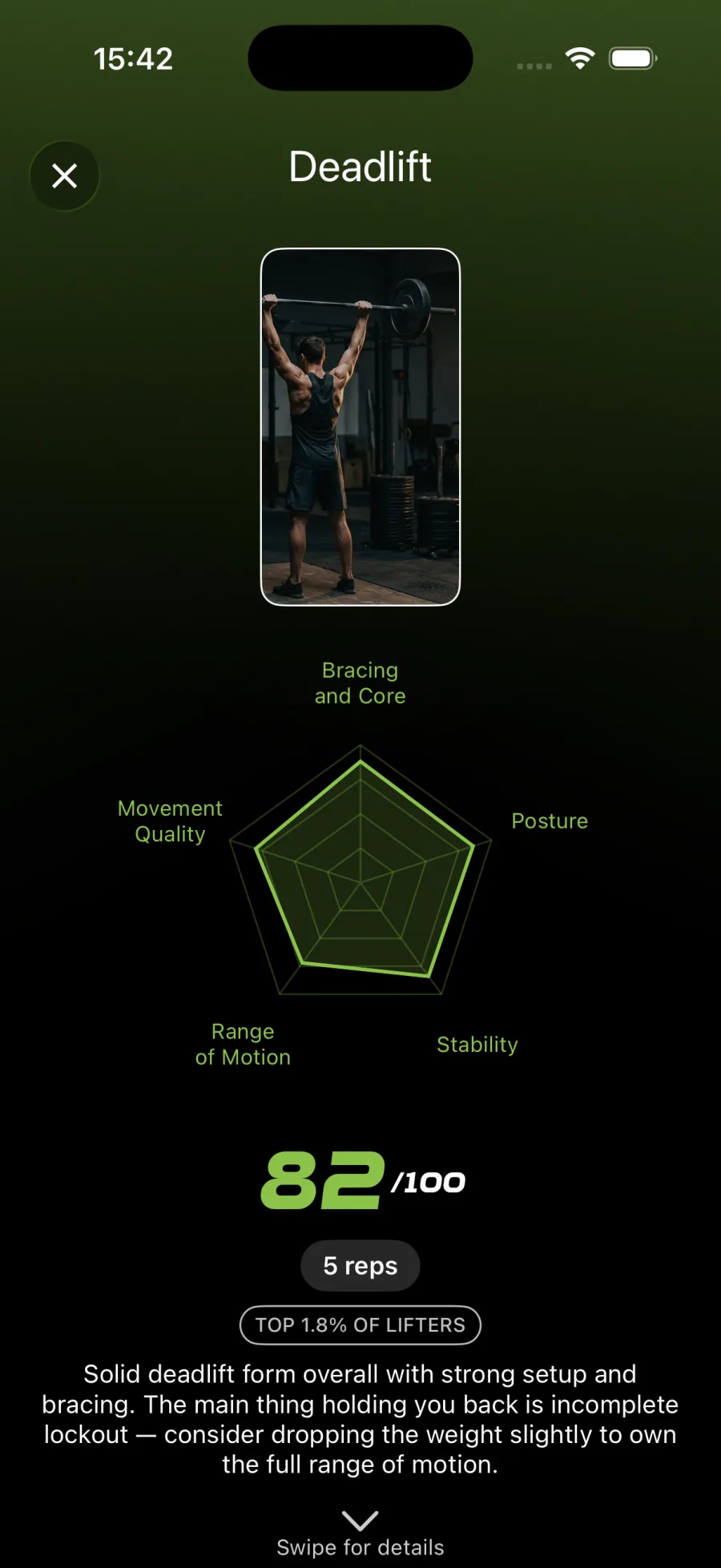 Gymscore V2 AI workout form analysis with movement score, radar chart, rep count, ranking, and feedback on iPhone