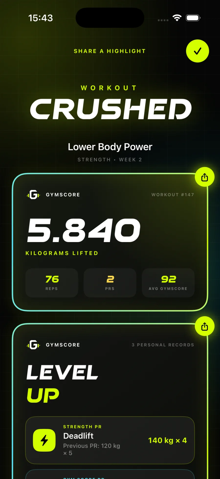 Gymscore V2 post-workout recap and personal record sharing screen on iPhone