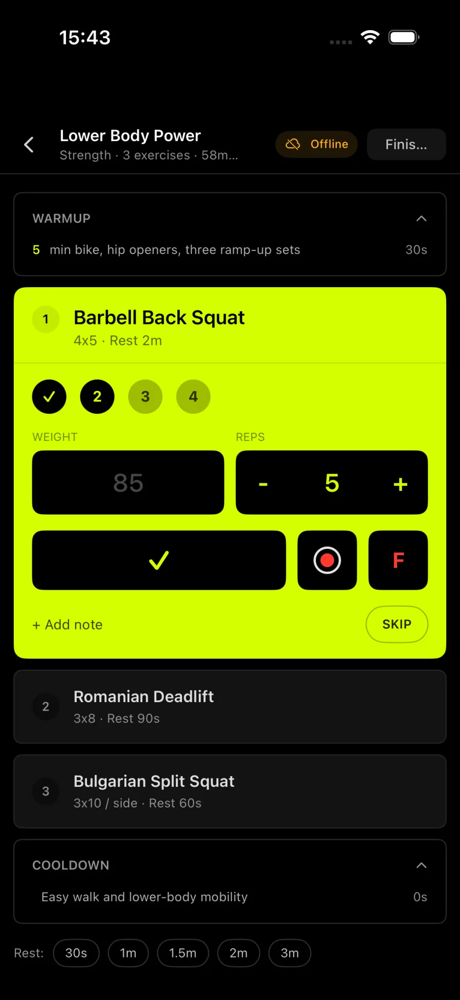 Gymscore V2 active workout tracker with exercises, sets, weight, reps, notes, and rest timer on iPhone